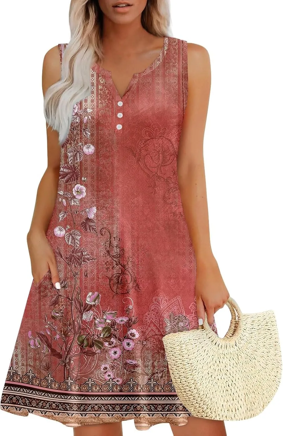 Womens Summer Dress 2025 Casual Solid/Floral Button Down V Neck Sleeveless Boho Beach A-Line Sundresses with Pockets