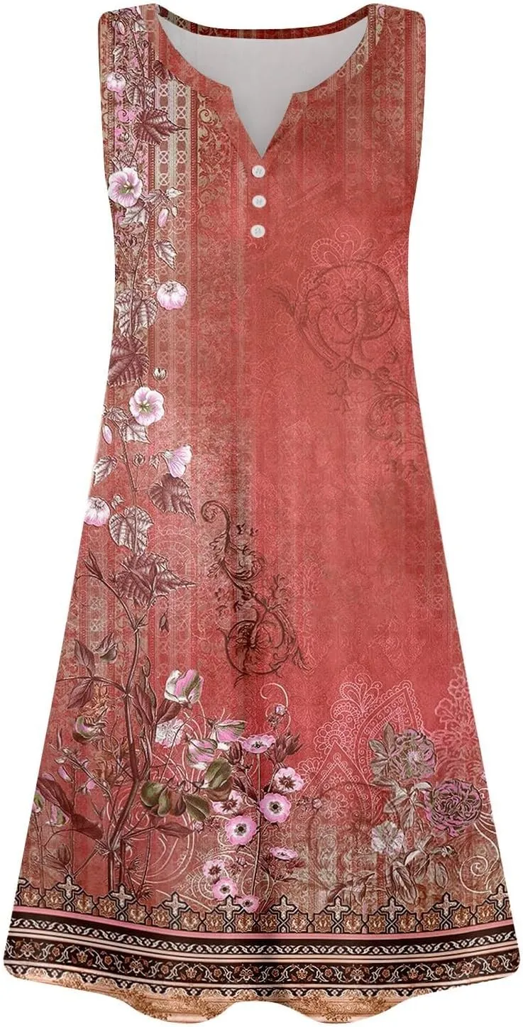 Womens Summer Dress 2025 Casual Solid/Floral Button Down V Neck Sleeveless Boho Beach A-Line Sundresses with Pockets