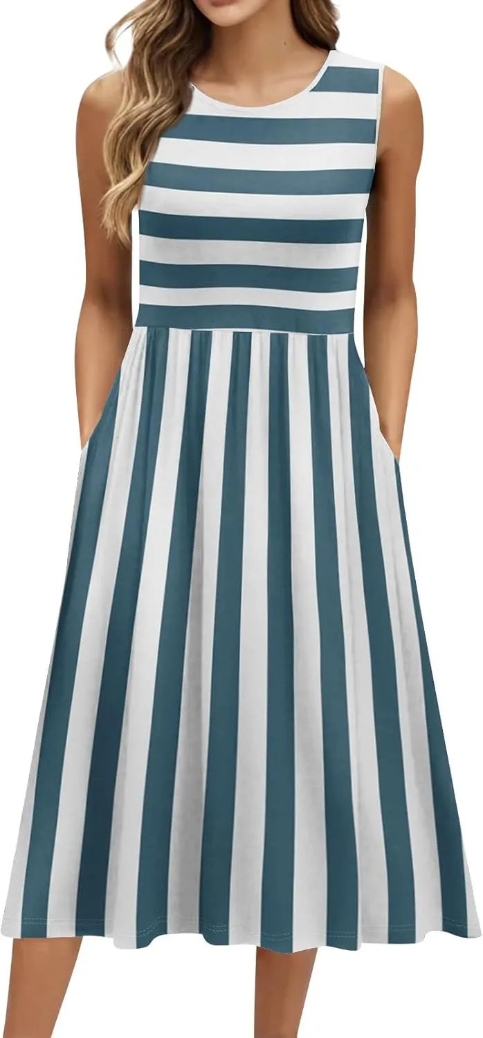 Womens Summer Dresses Flowy A-Line Sundresses Beach Floral Sleeveless Mid Dress Casual Tshirt Tank Dresses with Pockets