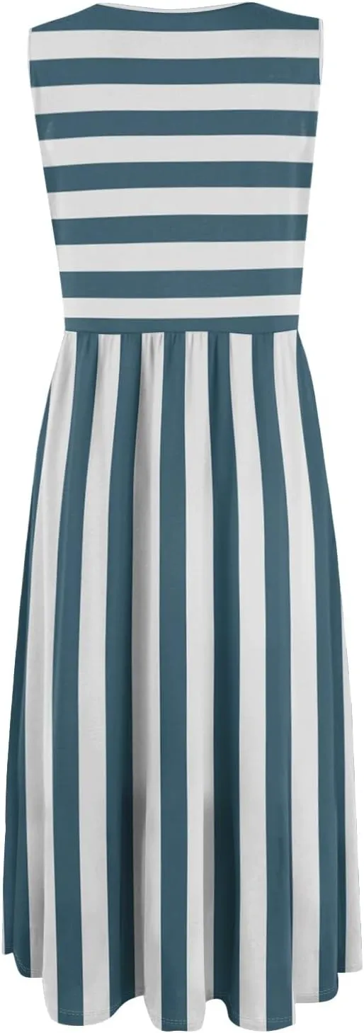 Womens Summer Dresses Flowy A-Line Sundresses Beach Floral Sleeveless Mid Dress Casual Tshirt Tank Dresses with Pockets