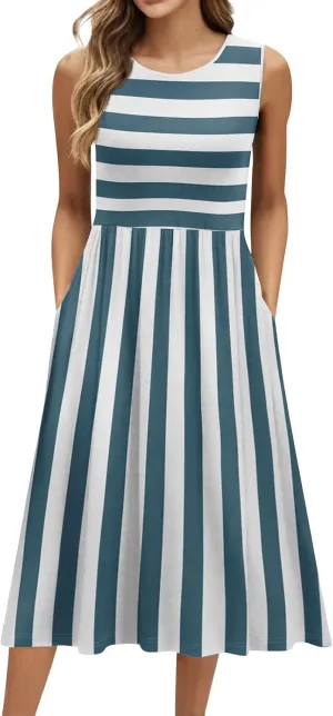 Womens Summer Dresses Flowy A-Line Sundresses Beach Floral Sleeveless Mid Dress Casual Tshirt Tank Dresses with Pockets
