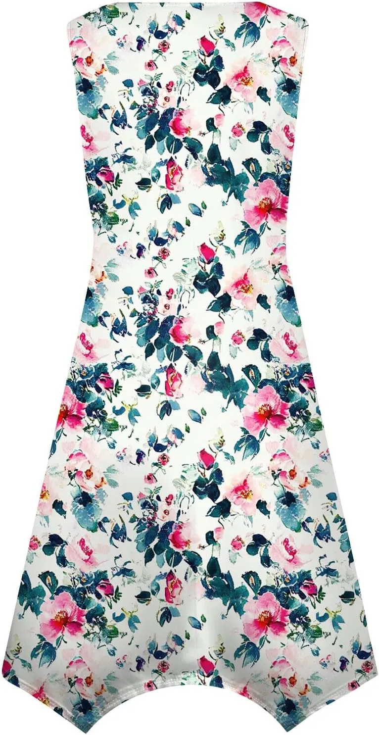 Womens Summer Dresses Sleeveless Round Neck Midi Dress Boho Floral Printed Irregular Hem Flowy Beach Sundress