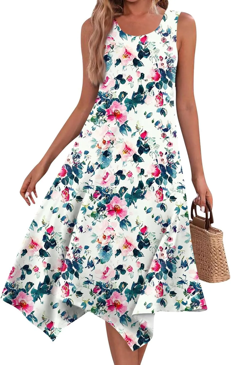 Womens Summer Dresses Sleeveless Round Neck Midi Dress Boho Floral Printed Irregular Hem Flowy Beach Sundress