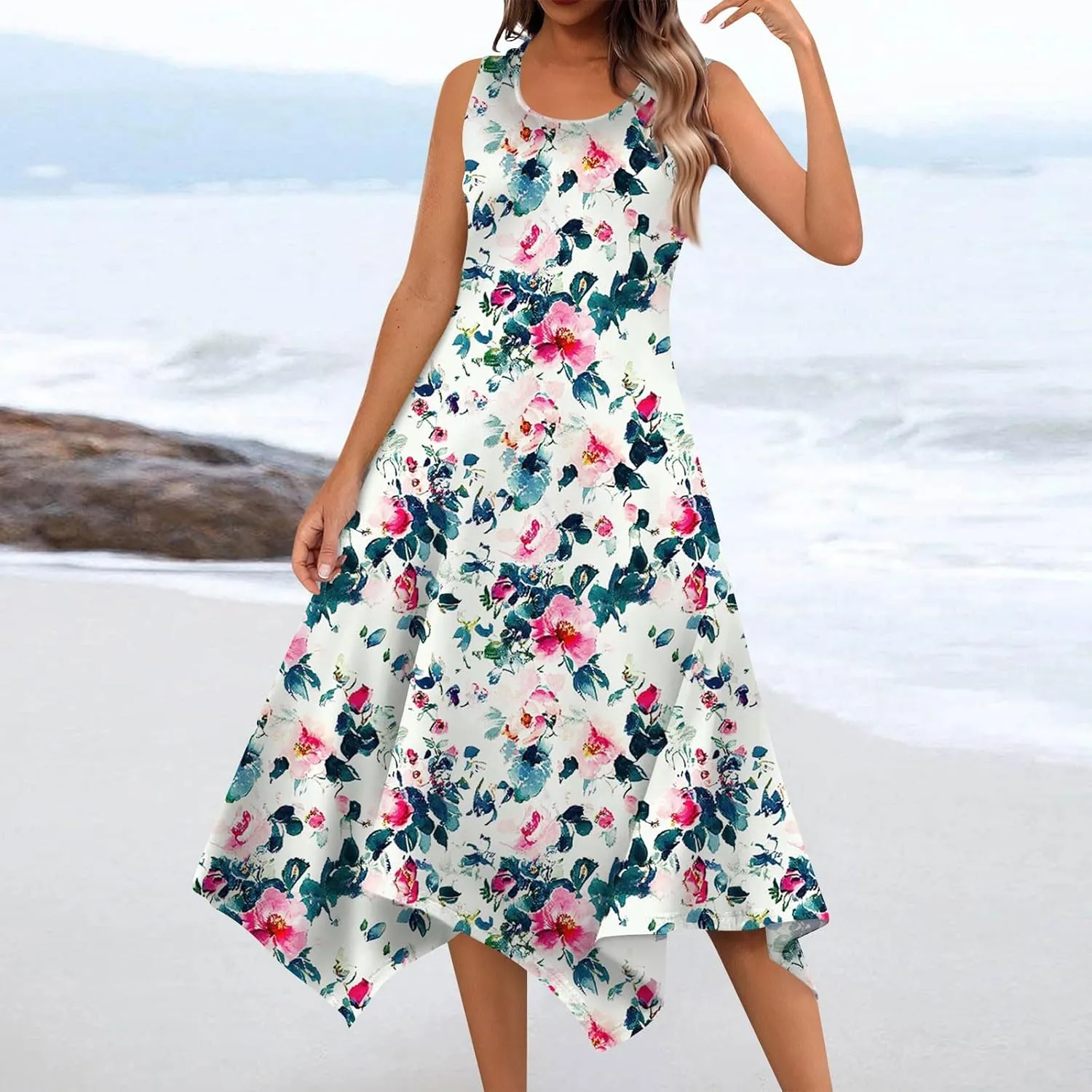 Womens Summer Dresses Sleeveless Round Neck Midi Dress Boho Floral Printed Irregular Hem Flowy Beach Sundress
