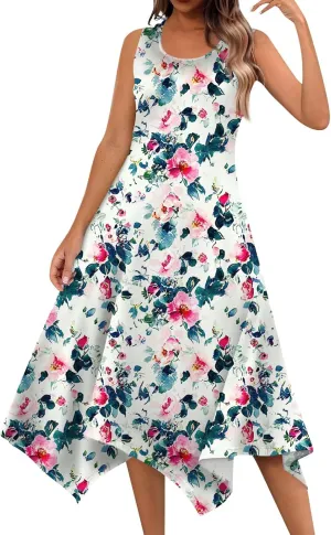 Womens Summer Dresses Sleeveless Round Neck Midi Dress Boho Floral Printed Irregular Hem Flowy Beach Sundress