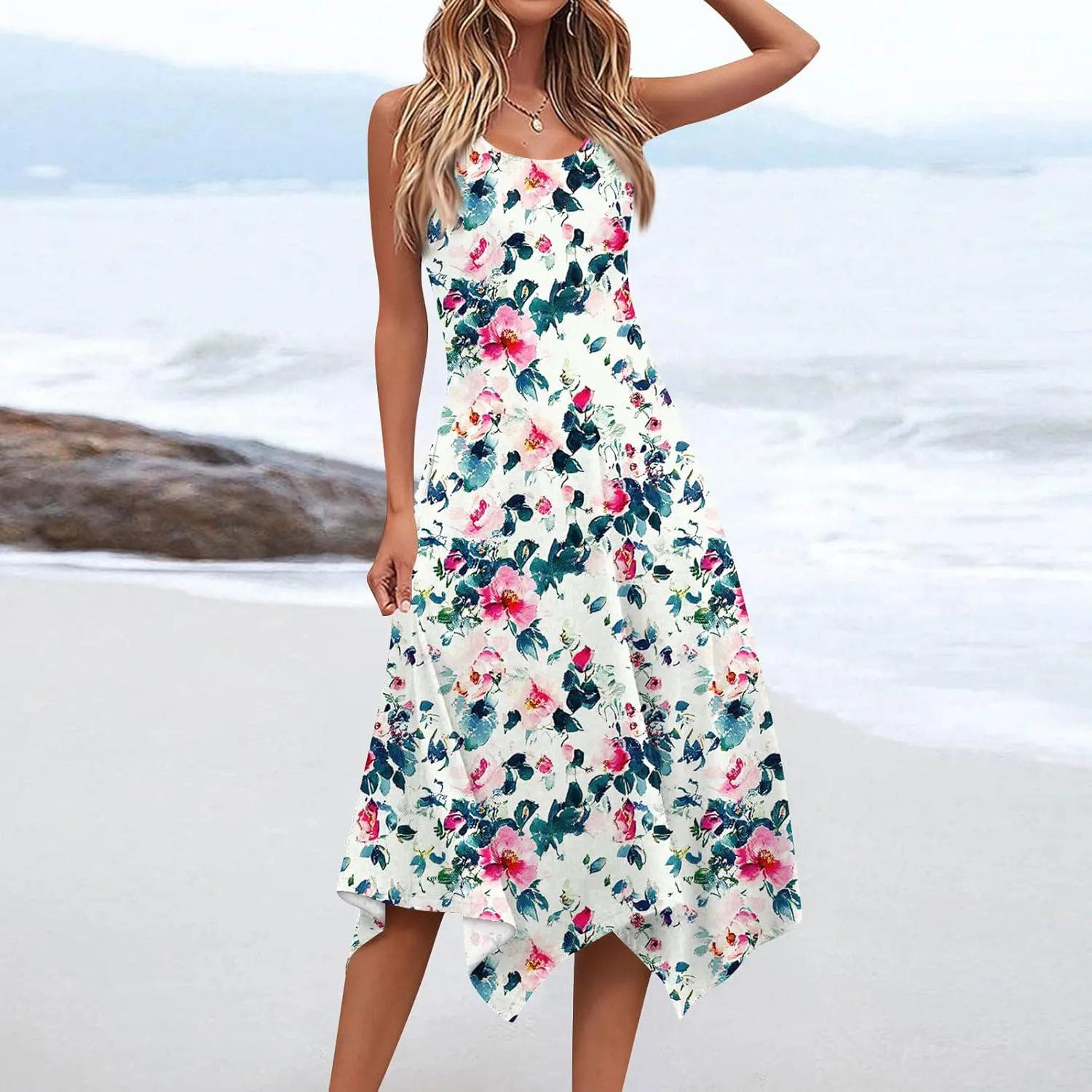 Womens Summer Dresses Sleeveless Round Neck Midi Dress Boho Floral Printed Irregular Hem Flowy Beach Sundress