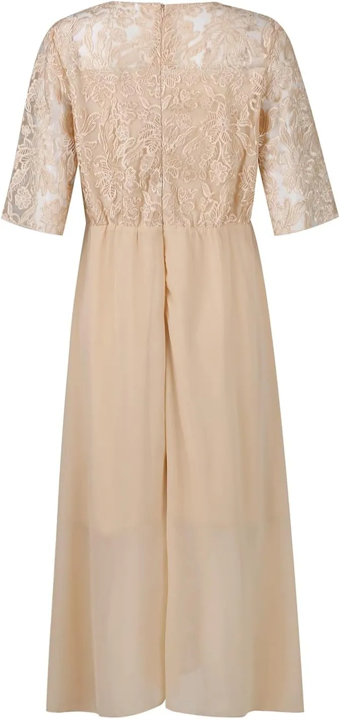 Women's Summer Elegant Trendy V-Neck Short Sleeve Lace Chiffon Prom Party Cocktail Wedding Guest Dress 2025, S-3XL