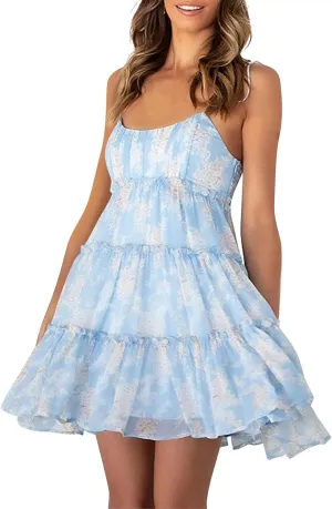 Womens Summer Floral Mini Dress Sexy Low-Cut Backless Flowy Cami Dress Adjustable Spaghetti Strap Boho Beach Dresses