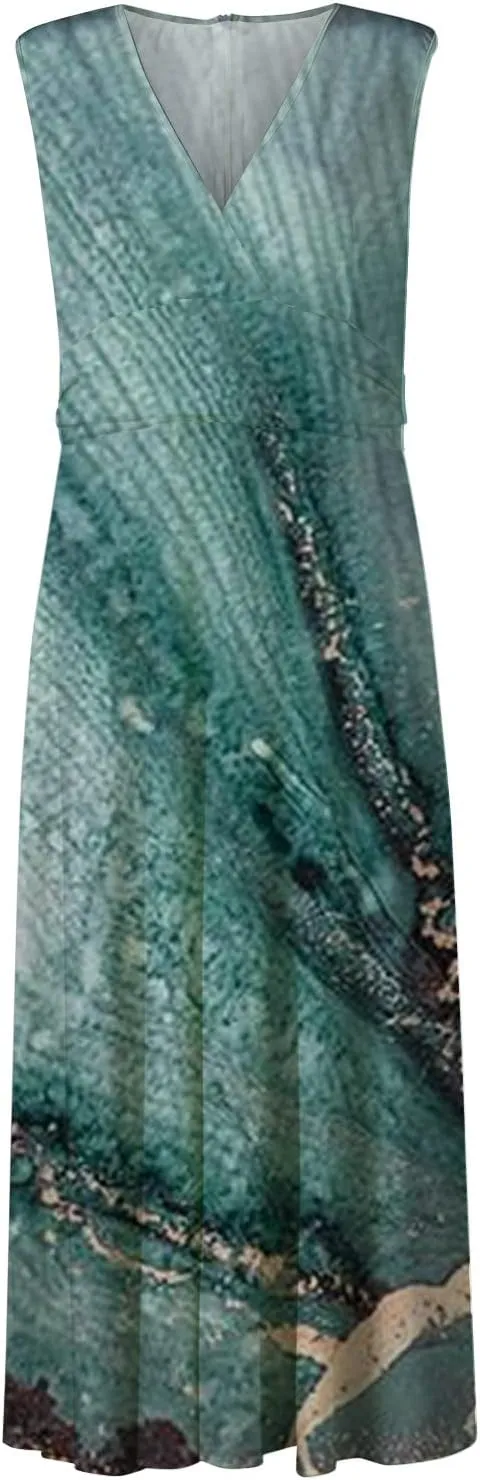 Women's Summer Maxi Dresses V Neck Sleeveless Boho Beach Swing Spring Dresses, S-3XL