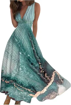 Women's Summer Maxi Dresses V Neck Sleeveless Boho Beach Swing Spring Dresses, S-3XL