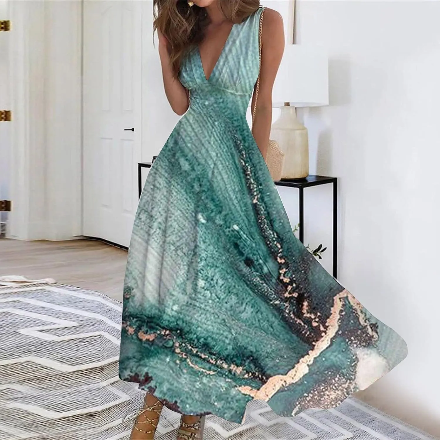 Women's Summer Maxi Dresses V Neck Sleeveless Boho Beach Swing Spring Dresses, S-3XL