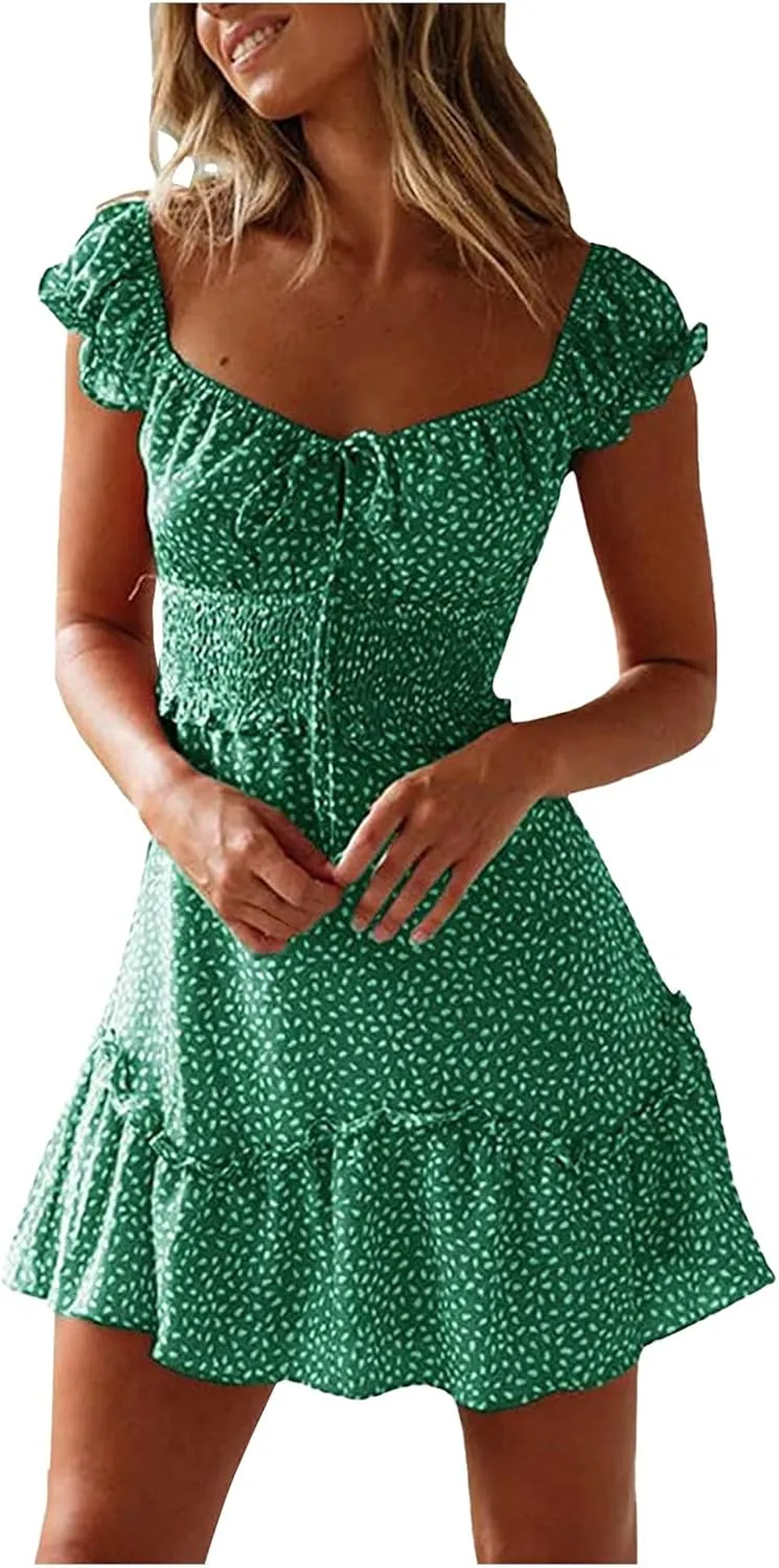 Women's Summer Ruffle Sleeve Sweetheart Neckline Printing Dresses Boho Beach Vacation Mini Dress Short Sundresses