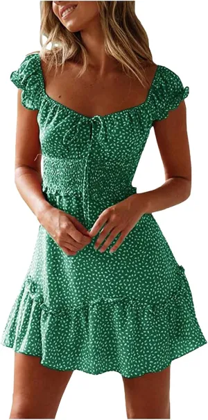 Women's Summer Ruffle Sleeve Sweetheart Neckline Printing Dresses Boho Beach Vacation Mini Dress Short Sundresses