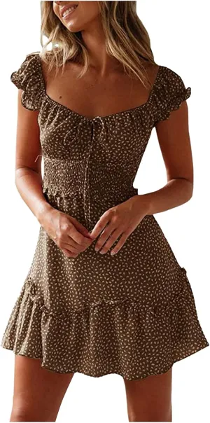 Women's Summer Ruffle Sleeve Sweetheart Neckline Printing Dresses Boho Beach Vacation Mini Dress Short Sundresses