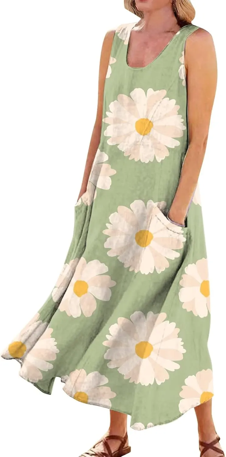Women's Summer Sleeveless Cotton Tank Dress Casual Loose A-Line Midi Long Beach Dresses Sundress with Pockets