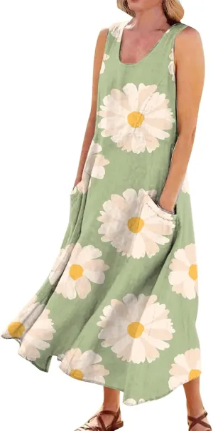 Women's Summer Sleeveless Cotton Tank Dress Casual Loose A-Line Midi Long Beach Dresses Sundress with Pockets