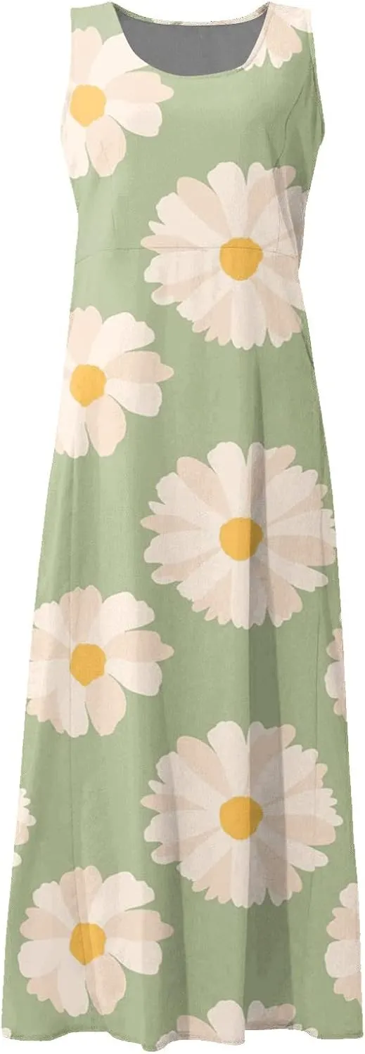 Women's Summer Sleeveless Cotton Tank Dress Casual Loose A-Line Midi Long Beach Dresses Sundress with Pockets