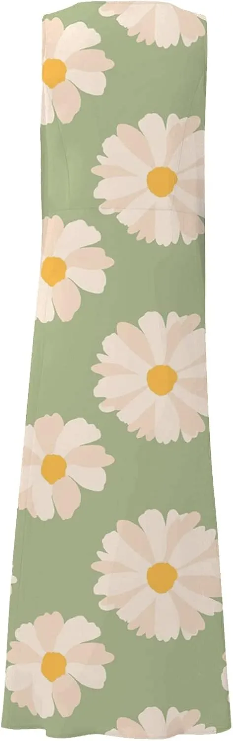 Women's Summer Sleeveless Cotton Tank Dress Casual Loose A-Line Midi Long Beach Dresses Sundress with Pockets