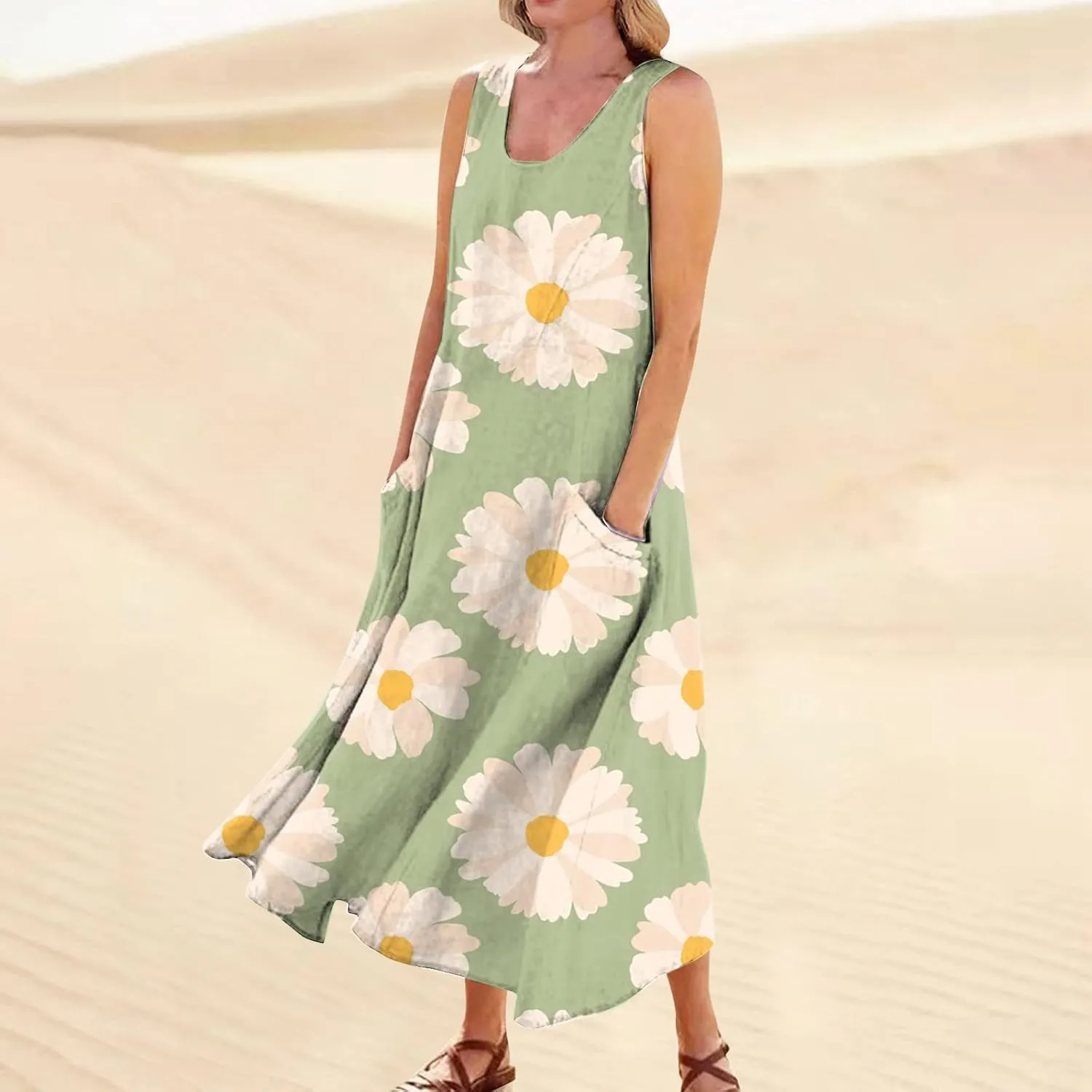 Women's Summer Sleeveless Cotton Tank Dress Casual Loose A-Line Midi Long Beach Dresses Sundress with Pockets