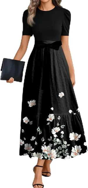Women's Summer Wrap Dress Casual Boho Floral Printed Sun Dress Crew Neck Short Sleeve Ruffle Hem Beach Long Dresses