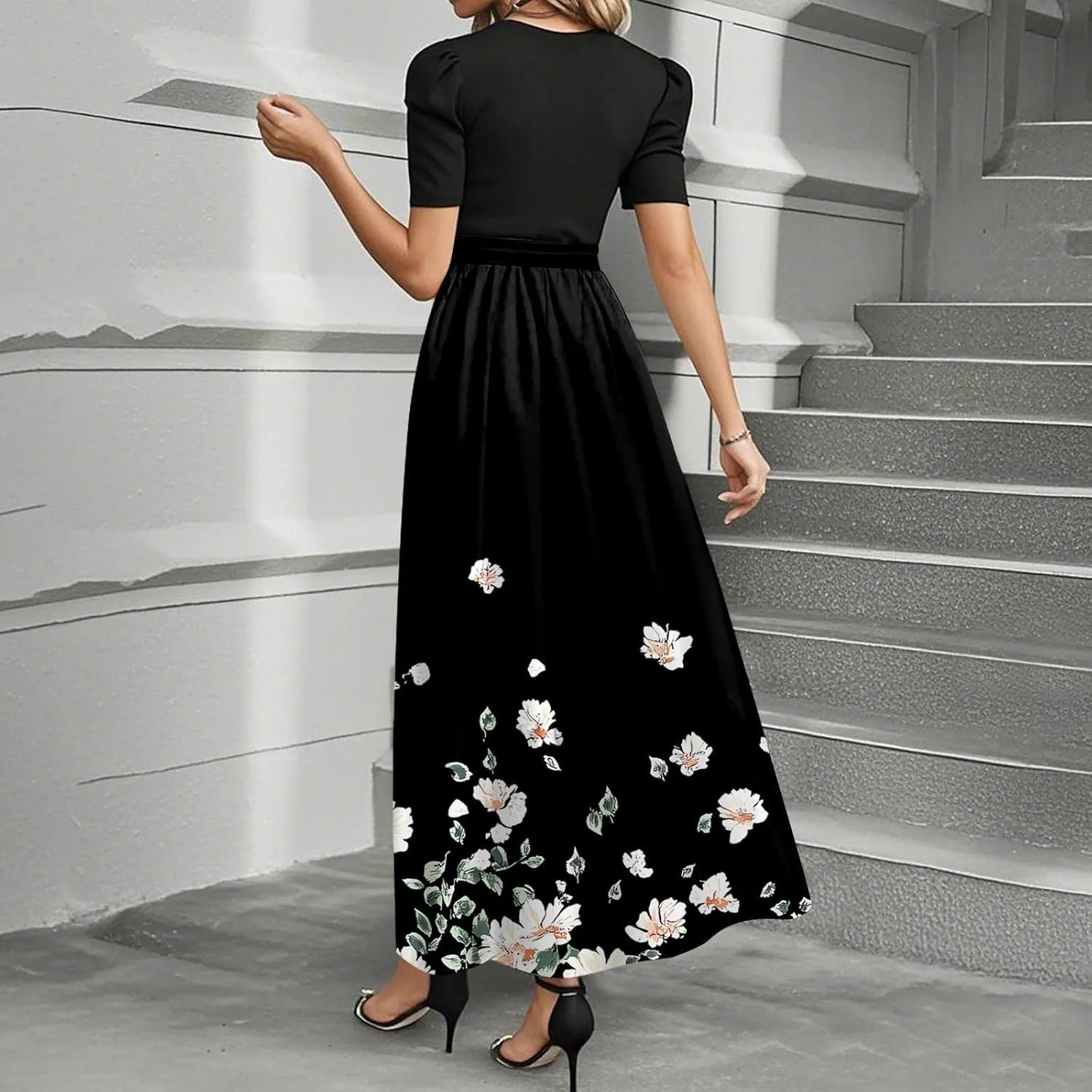 Women's Summer Wrap Dress Casual Boho Floral Printed Sun Dress Crew Neck Short Sleeve Ruffle Hem Beach Long Dresses