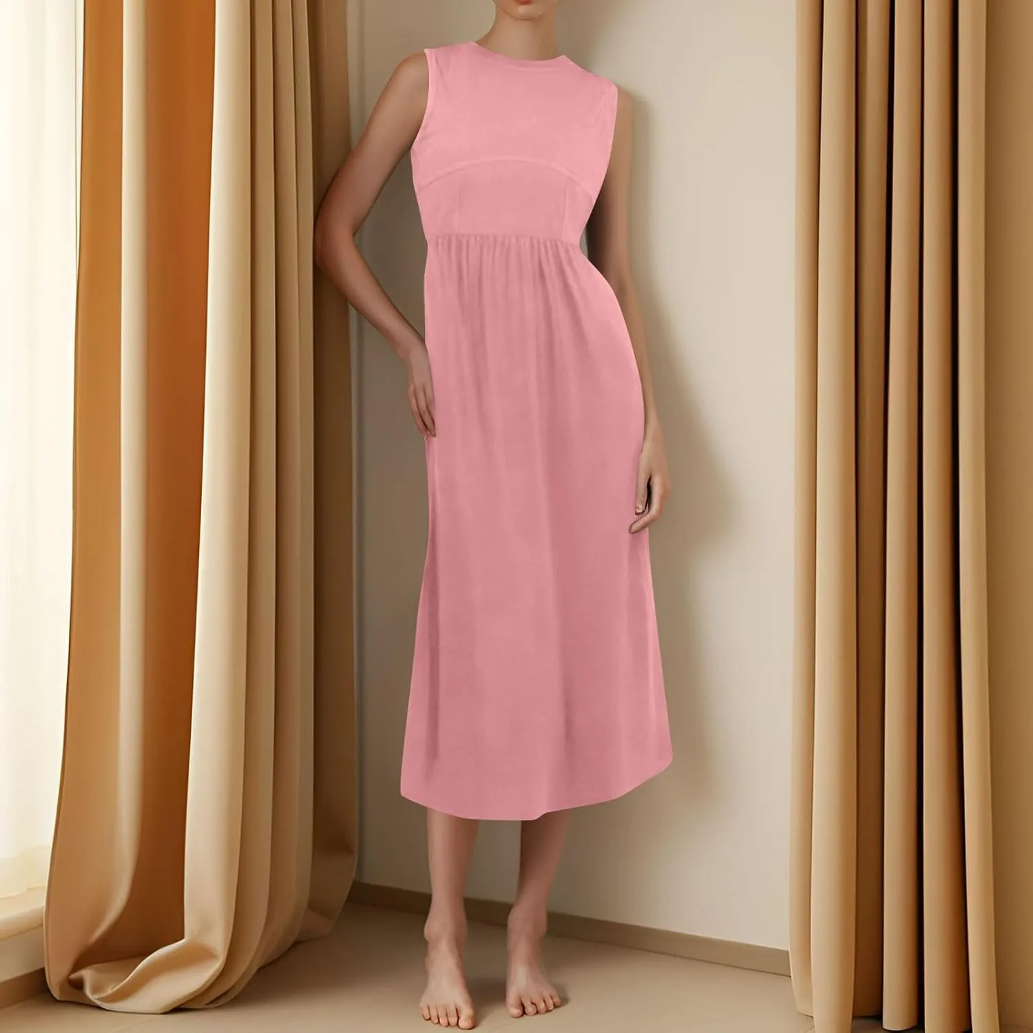 Womens Sundress Tank Summer Midi Dresses Empire Waist Wrap Dress Plus Size Sleeveless Cute Smocked Dress with Pockets