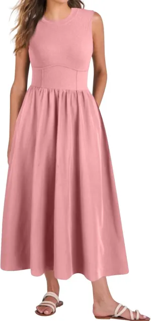 Womens Sundress Tank Summer Midi Dresses Empire Waist Wrap Dress Plus Size Sleeveless Cute Smocked Dress with Pockets