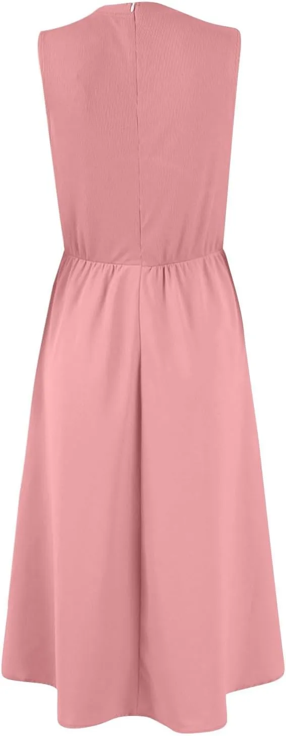 Womens Sundress Tank Summer Midi Dresses Empire Waist Wrap Dress Plus Size Sleeveless Cute Smocked Dress with Pockets