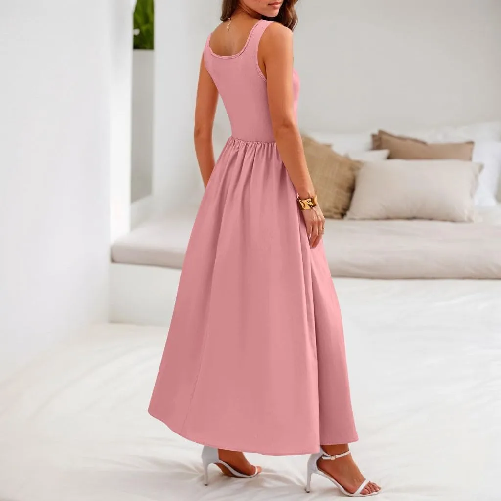 Womens Sundress Tank Summer Midi Dresses Empire Waist Wrap Dress Plus Size Sleeveless Cute Smocked Dress with Pockets
