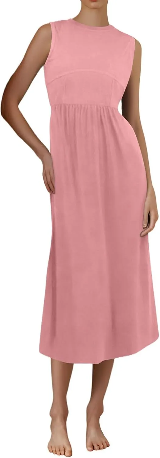 Womens Sundress Tank Summer Midi Dresses Empire Waist Wrap Dress Plus Size Sleeveless Cute Smocked Dress with Pockets
