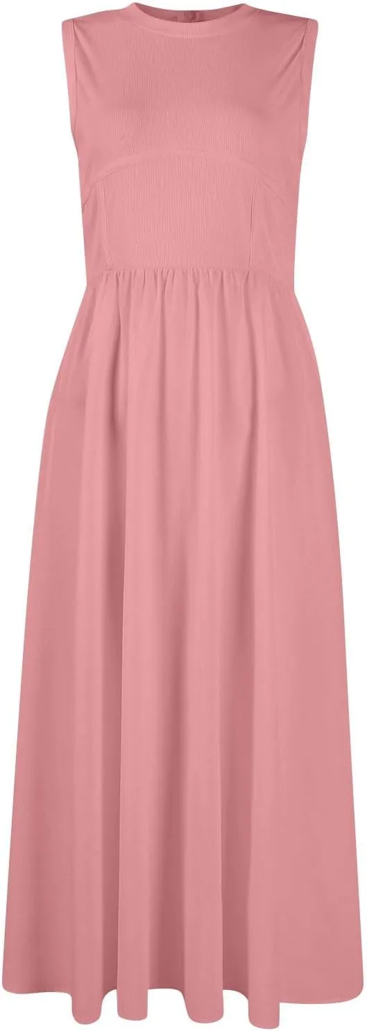 Womens Sundress Tank Summer Midi Dresses Empire Waist Wrap Dress Plus Size Sleeveless Cute Smocked Dress with Pockets