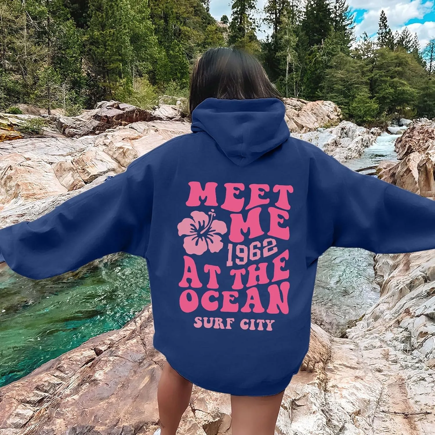 Womens Sweatshirt Graphic Hoodies Letter Print Casual Long Sleeve Drawstring Pullover Tops with Pocket, Medium