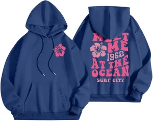 Womens Sweatshirt Graphic Hoodies Letter Print Casual Long Sleeve Drawstring Pullover Tops with Pocket, Medium