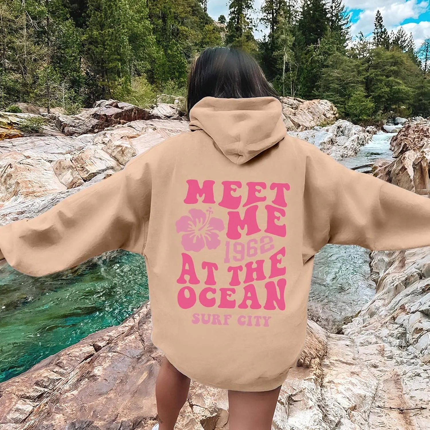 Womens Sweatshirt Graphic Hoodies Letter Print Casual Long Sleeve Drawstring Pullover Tops with Pocket, Medium