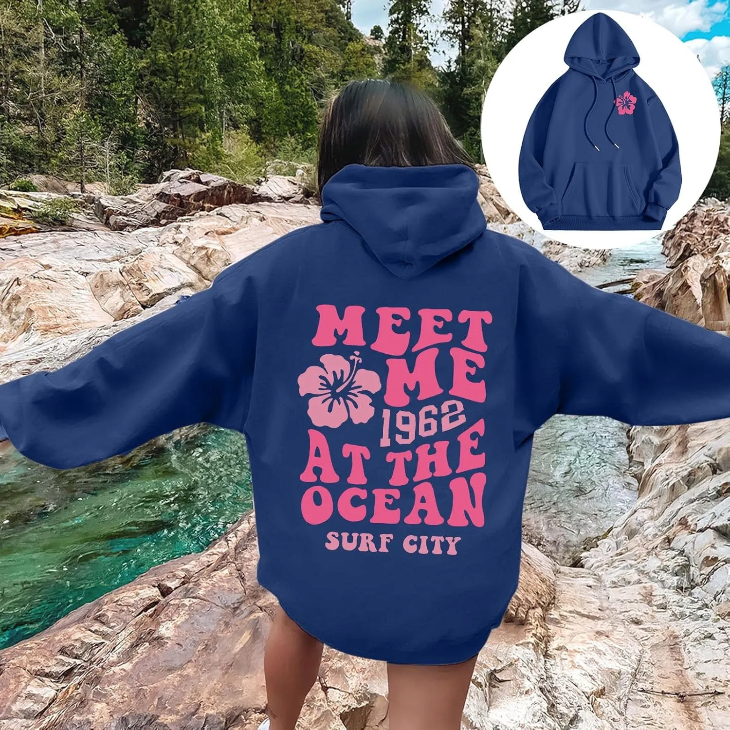 Womens Sweatshirt Graphic Hoodies Letter Print Casual Long Sleeve Drawstring Pullover Tops with Pocket, Medium