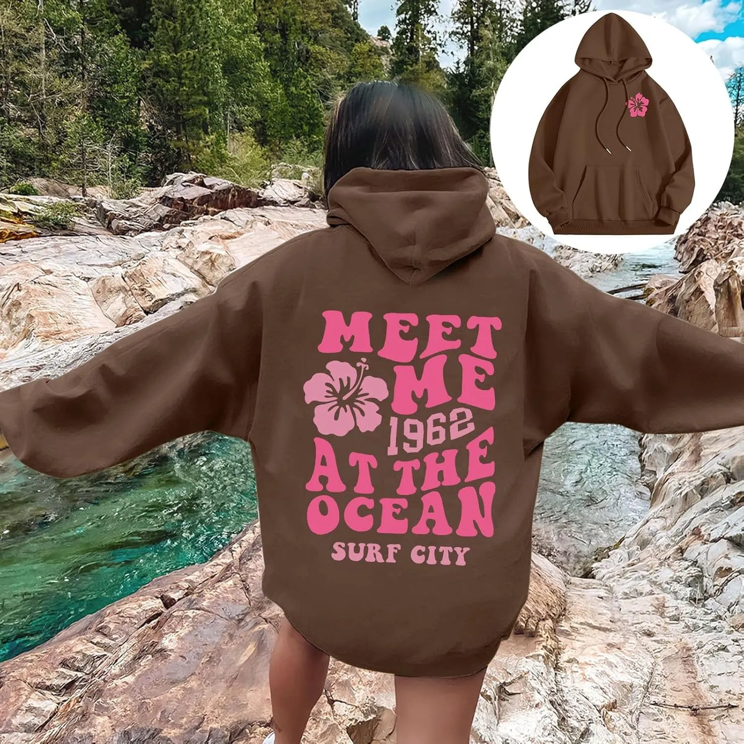 Womens Sweatshirt Graphic Hoodies Letter Print Casual Long Sleeve Drawstring Pullover Tops with Pocket, Medium