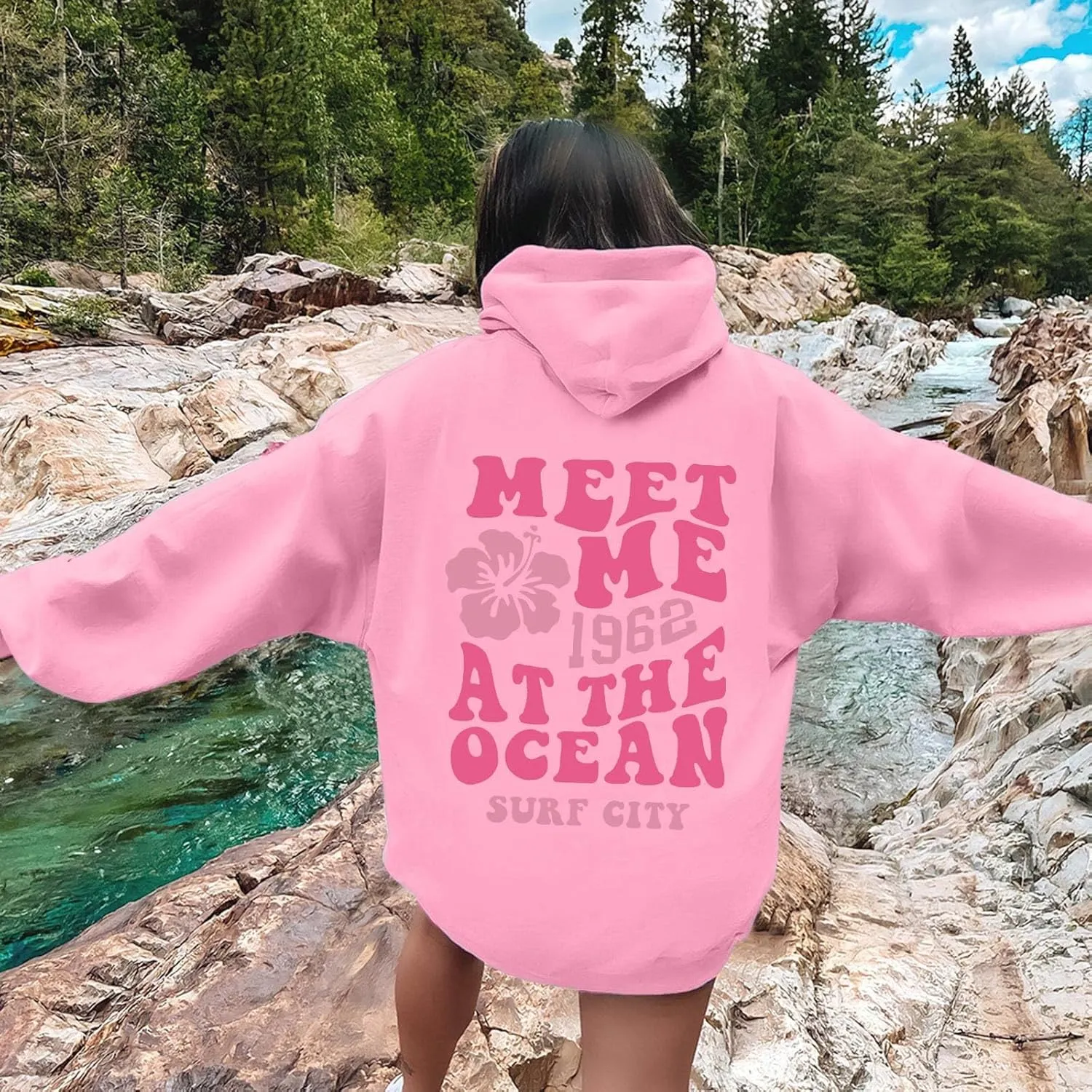 Womens Sweatshirt Graphic Hoodies Letter Print Casual Long Sleeve Drawstring Pullover Tops with Pocket, Medium