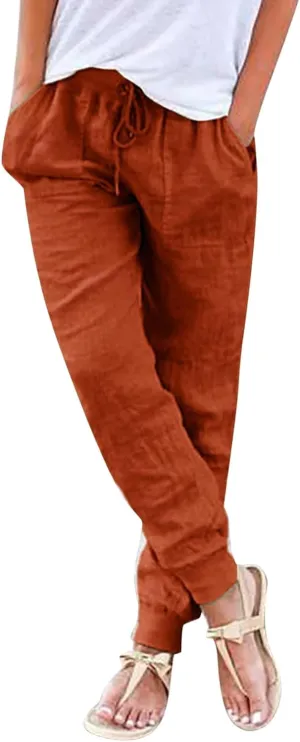 Womens Tapered Linen Pants Ankle Cotton Linen Drawstring Back Elastic Waist Pants Casual Trousers Capris with Pockets