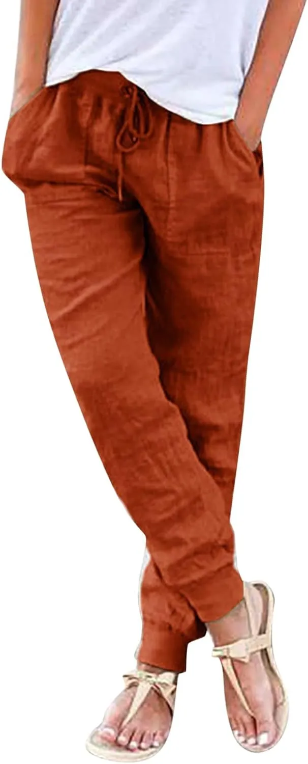 Womens Tapered Linen Pants Ankle Cotton Linen Drawstring Back Elastic Waist Pants Casual Trousers Capris with Pockets