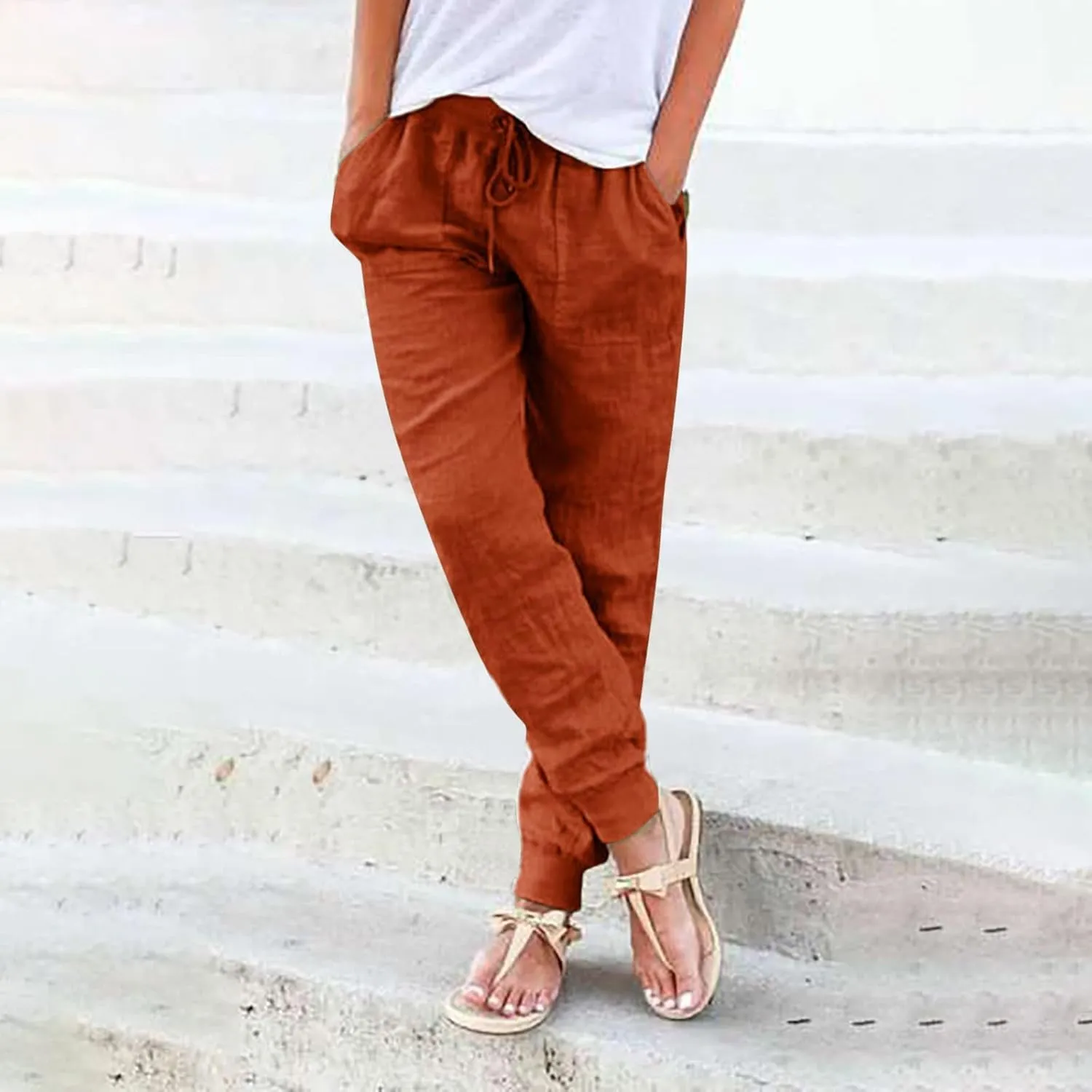 Womens Tapered Linen Pants Ankle Cotton Linen Drawstring Back Elastic Waist Pants Casual Trousers Capris with Pockets