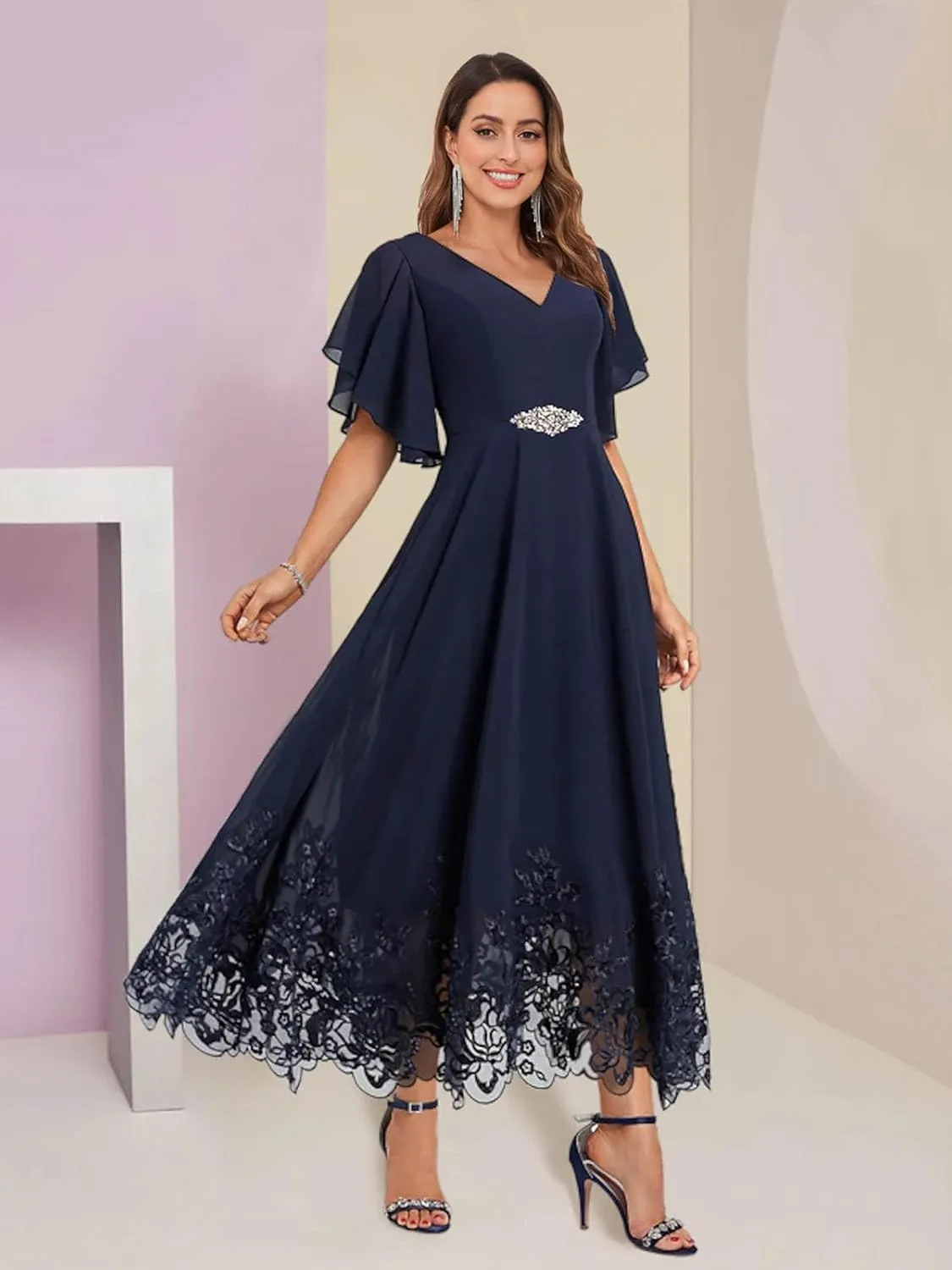 Women's Tea Length Mother of The Bride Dresses for Wedding Ruffle Sleeves Chiffon Lace Formal Evening Gowns