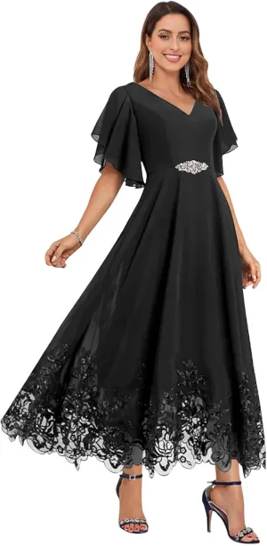 Women's Tea Length Mother of The Bride Dresses for Wedding Ruffle Sleeves Chiffon Lace Formal Evening Gowns