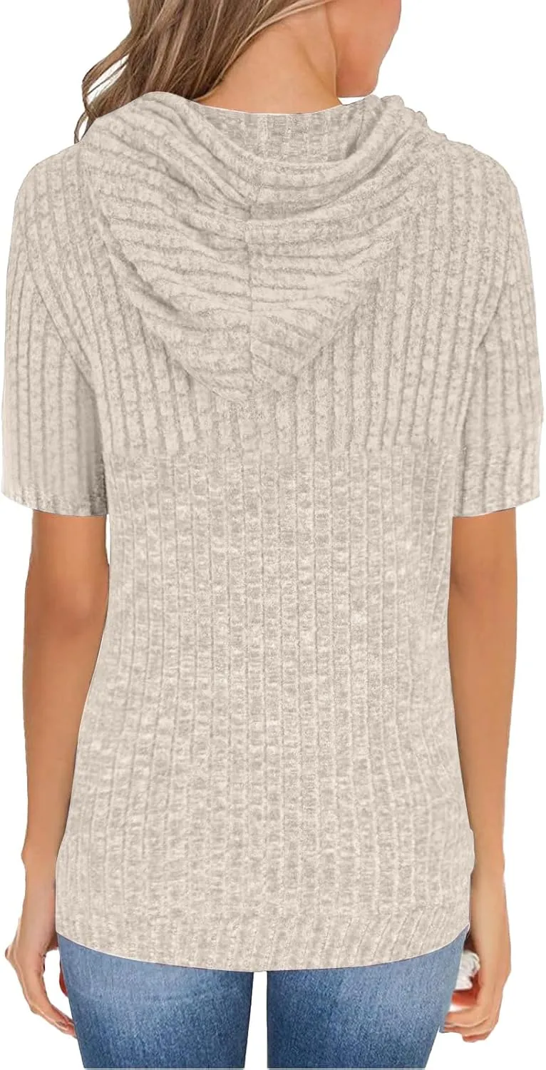 Womens Tops Short Sleeve Hoodies Waffle Knit Pullover Sweatshirts Casual Oversized Shirt with Kangaroo Pockets