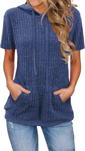 Womens Tops Short Sleeve Hoodies Waffle Knit Pullover Sweatshirts Casual Oversized Shirt with Kangaroo Pockets