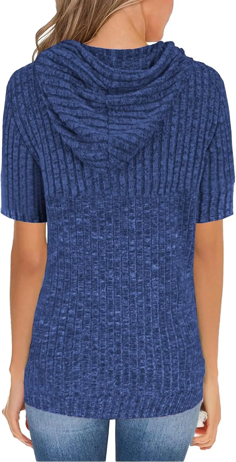 Womens Tops Short Sleeve Hoodies Waffle Knit Pullover Sweatshirts Casual Oversized Shirt with Kangaroo Pockets