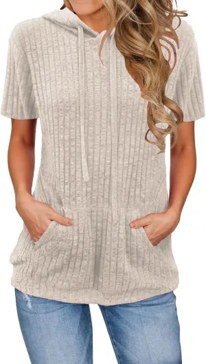 Womens Tops Short Sleeve Hoodies Waffle Knit Pullover Sweatshirts Casual Oversized Shirt with Kangaroo Pockets