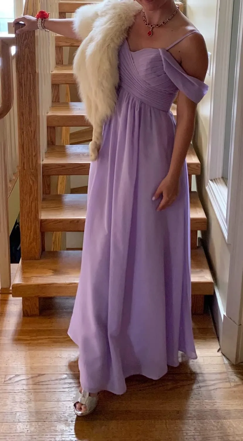 Women's V Neck Off The Shoulder Bridesmaid Dresses with Pockets Ruched Chiffon Long Slit Formal Evening Gown