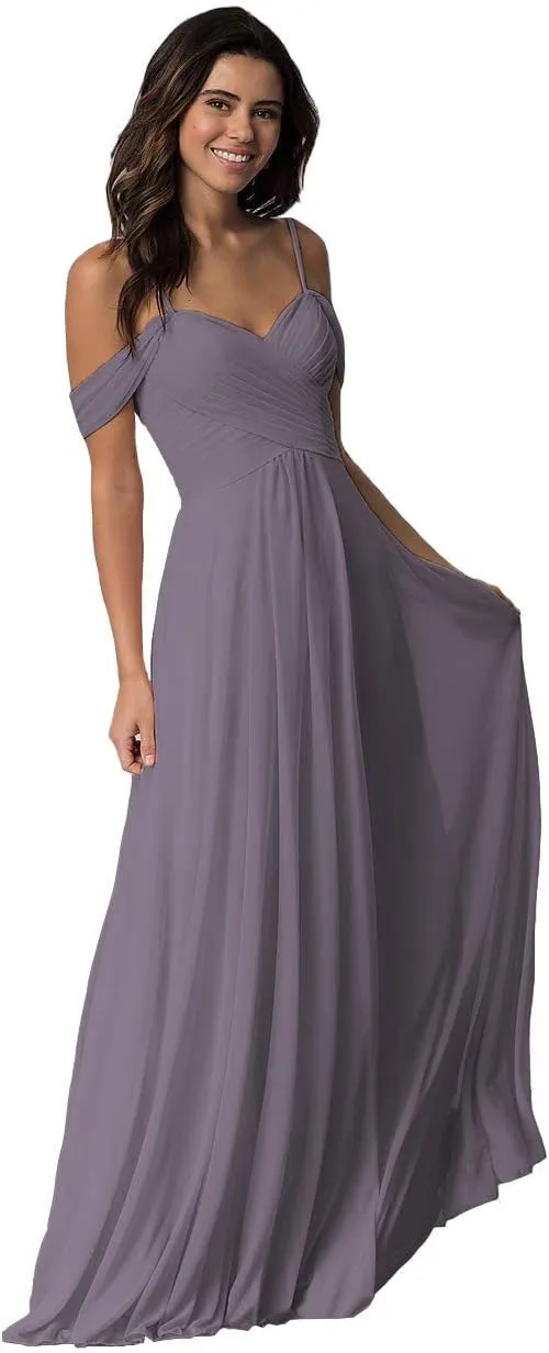 Women's V Neck Off The Shoulder Bridesmaid Dresses with Pockets Ruched Chiffon Long Slit Formal Evening Gown