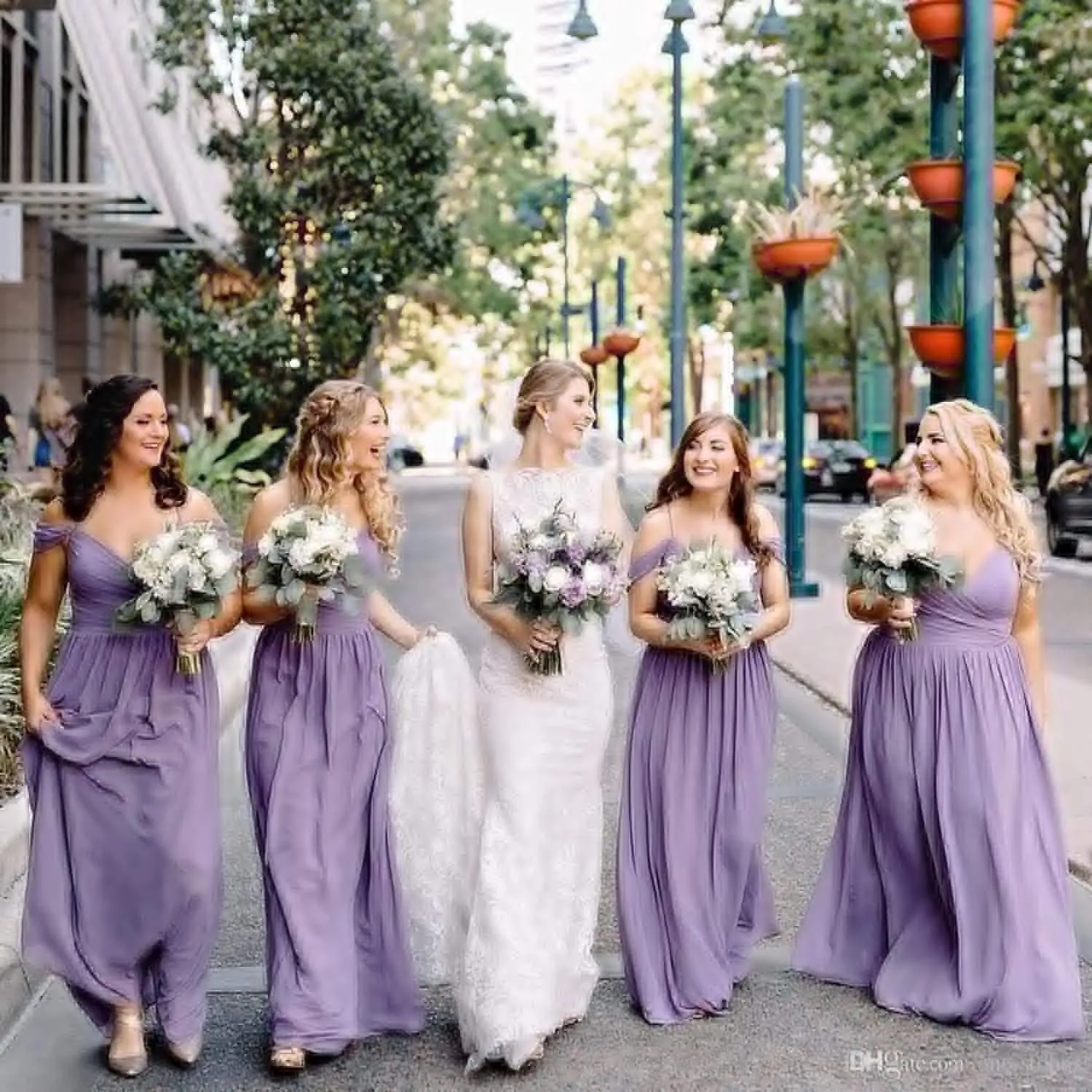Women's V Neck Off The Shoulder Bridesmaid Dresses with Pockets Ruched Chiffon Long Slit Formal Evening Gown