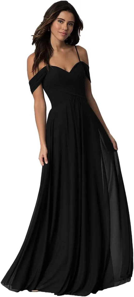 Women's V Neck Off The Shoulder Bridesmaid Dresses with Pockets Ruched Chiffon Long Slit Formal Evening Gown